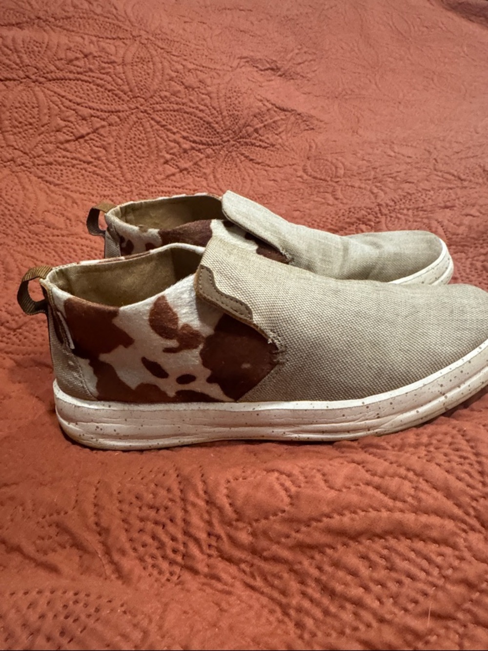 Hey dude Slip-On Sneakers in Beige with Brown Cow Print Accents